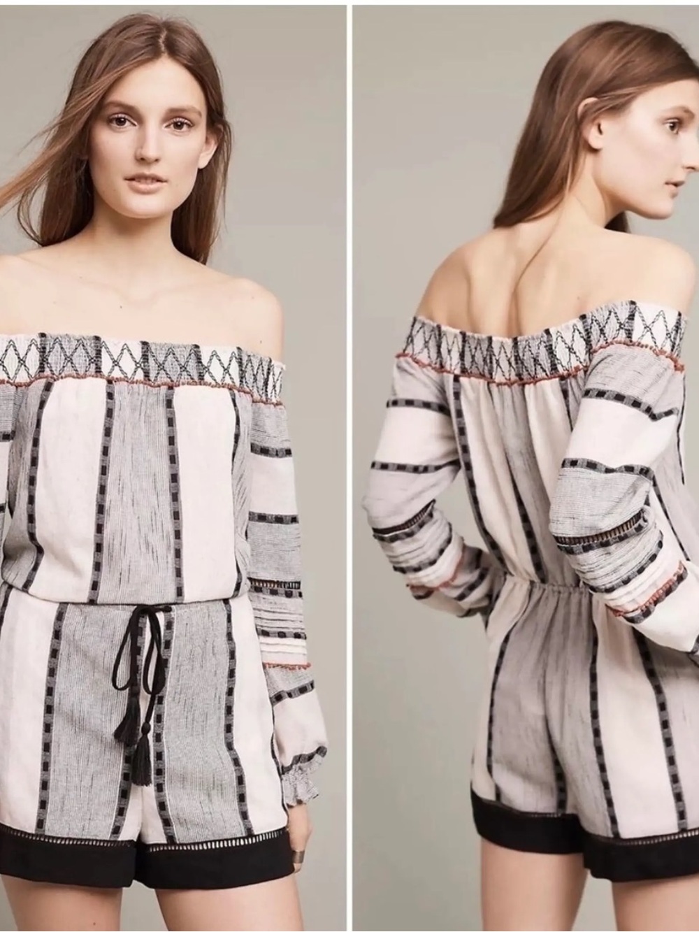 Anthropologie Off-Shoulder Striped Tunic Romper with Black Trim